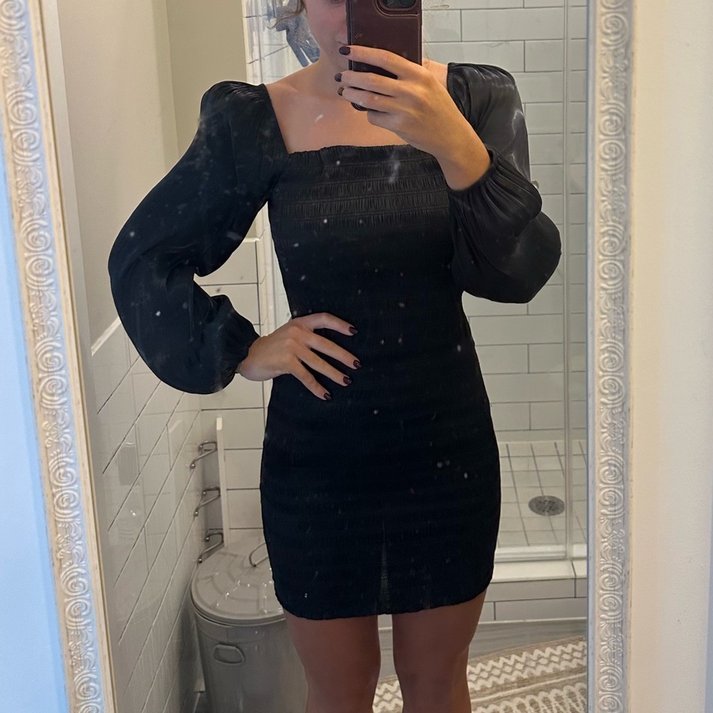 Shimmery Long Sleeve Dress with Puff Sleeve and Stretchy Material